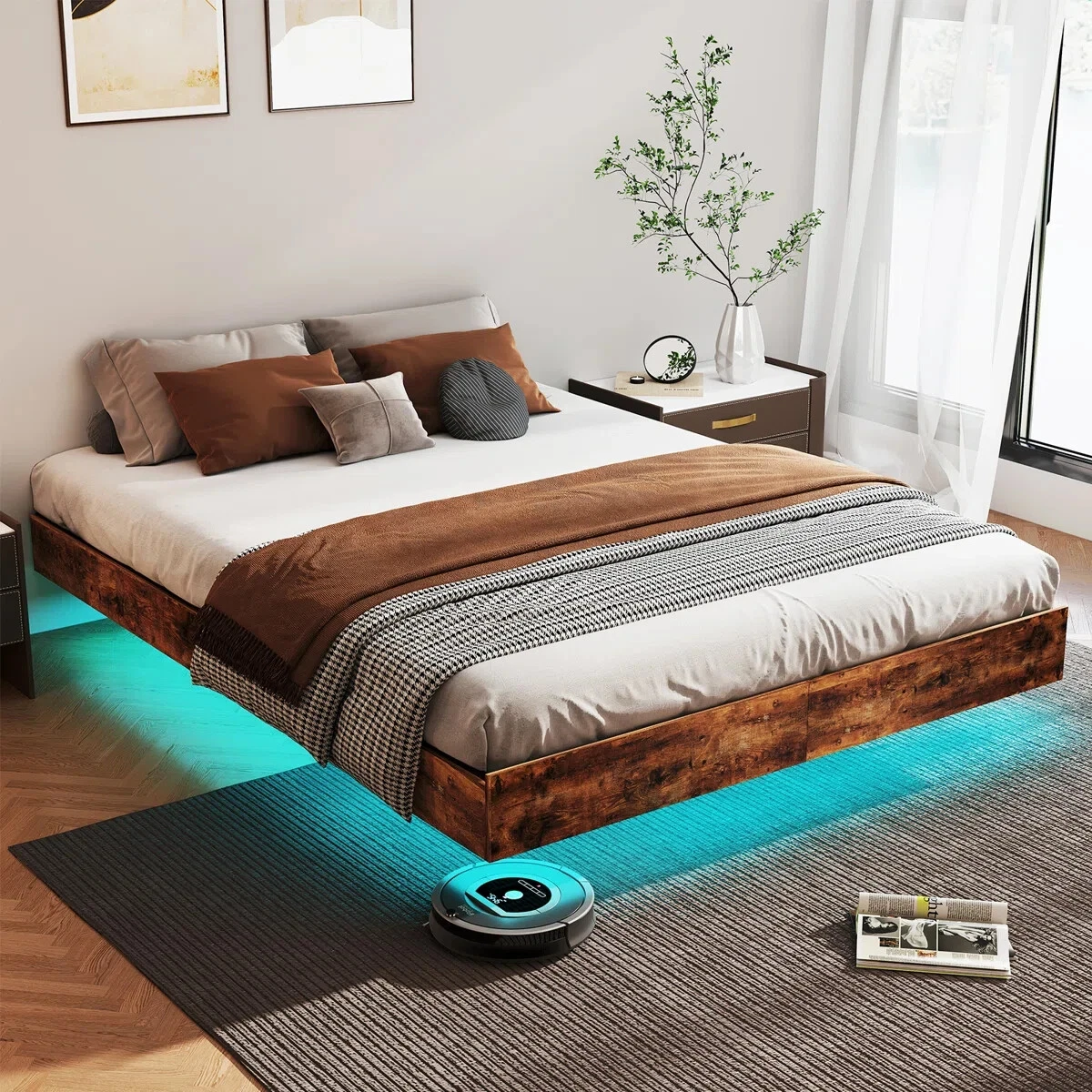 Floating bed frame with LED lights